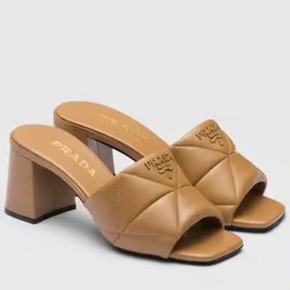 PRADA Logo Padded Diagram Quilted Mules Slides Sandals Heels Shoes Caramel - Picture 1 of 16